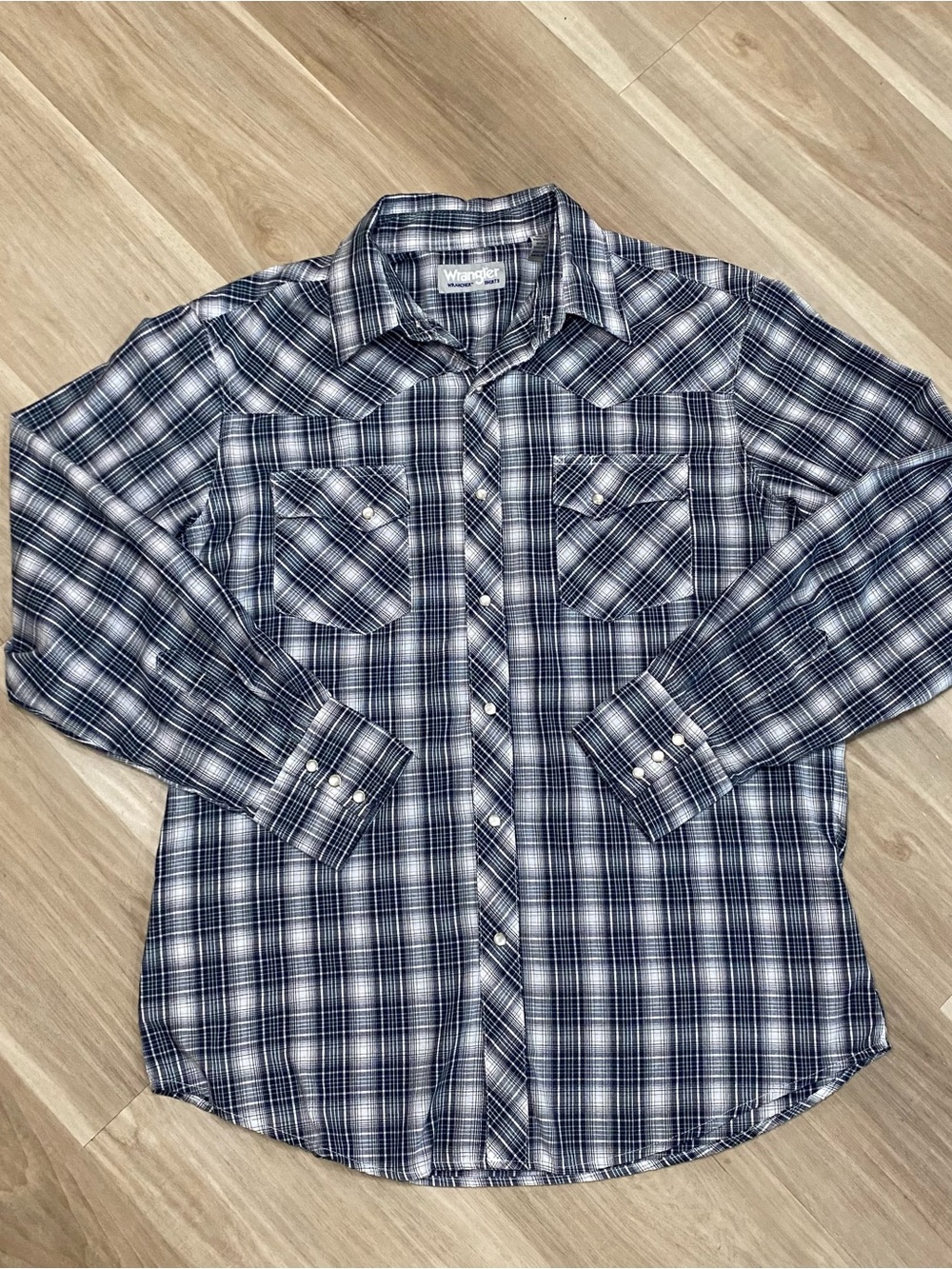 Wrangler Wrancher Shirt Mens Large L Blue Plaid Pearl Snap Western Long Sleeve